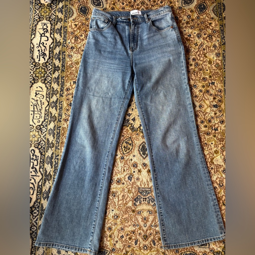 DUER wide leg zip fly jeans with stretch